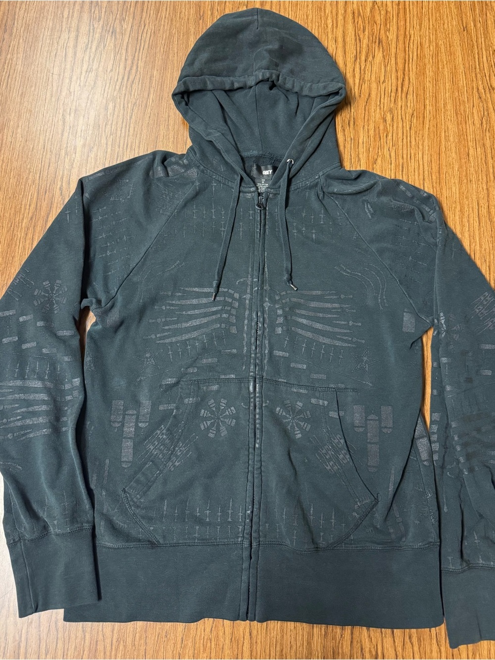 Obey Men's Black Zip-Up Hoodie with Tonal Graphic